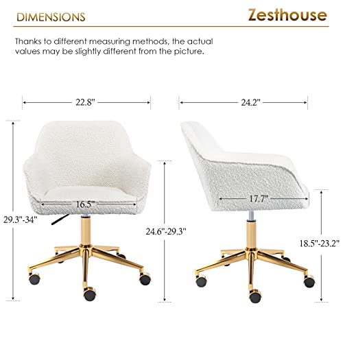 Zesthouse Boucle Home Office Chair Modern Desk Chair with Wheels, White Vanity Chair for Girls Women, Upholstered Swivel Armchair for Bedroom, Height Adjustable Computer Task Chair, Gold Base