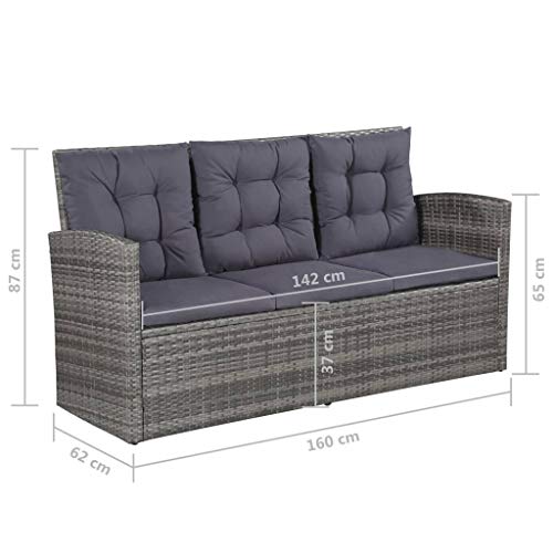 vidaXL Six-Piece Outdoor Lounge Set in Grey - Poly Rattan with Cushions - Includes Sofa, Armchairs, Table, Footstools, and Pillows for Patio, Garden, or Deck