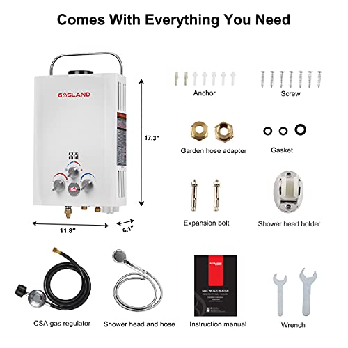 Tankless Water Heater, GASLAND Outdoors BE158 1.58GPM 6L Outdoor Portable Gas Water Heater, Propane Water Heater, Overheating Protection, Easy to Install, Use for RV Cabin Barn Camping Boat, White