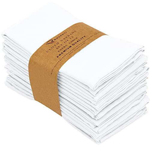 Ruvanti Cloth Napkins set of 12, 18x18 Inches Napkins Cloth Washable, Soft, Durable, Absorbent, Cotton Blend. Table Dinner Napkins Cloth for Hotel, Lunch, Restaurant, Weddings, Events, Parties - White