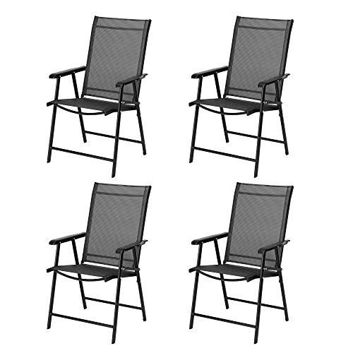 VINGLI Upgraded Version Set of 4 Folding Chairs with Arms, Portable Patio Chairs for Outdoor & Indoor, Sling Back Chairs for Lawn, Pool, Courtyard, Balcony & Garden (Black)