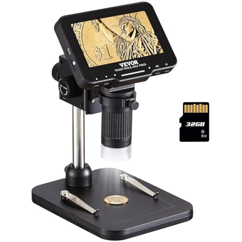 VEVOR Digital Microscope, 4.3” IPS Screen, 50X-1000X Magnification, 1080P Photo/Video Coin Microscope, Electronic Microscope with 8 LED Lights and 32GB Card,Compatible with Windows/Mac OS