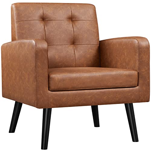 Yaheetech Mid-Century Accent Chairs, PU Leather Modern Upholstered Living Room Chair, Cozy Armchair Button Tufted Back and Wood Legs for Bedroom/Office/Cafe, Retro Brown