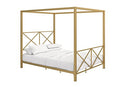 DHP Rosedale Metal Canopy Bed Frame with Four Poster Design and Geometric Accented Headboard and Footboard, Underbed Storage Space, Queen, Gold