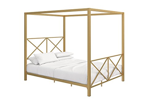 DHP Rosedale Metal Canopy Bed Frame with Four Poster Design and Geometric Accented Headboard and Footboard, Underbed Storage Space, Queen, Gold