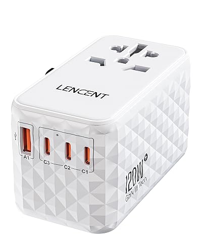 LENCENT 120W International Travel Adaptor, Universal Travel Adapter with 1 USB-A & 3 USB-C PD Fast Charging, All-in-One Wall Charger for Mobile Phone, Laptops, UK/EU/AUS/US, White