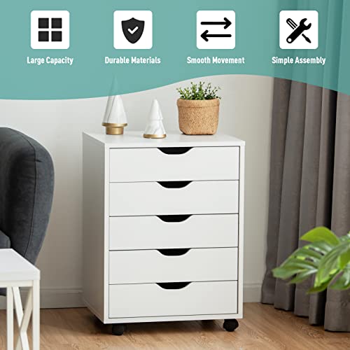 Giantex 5-Drawer Mobile File Cabinet, Side Cabinet File Pedestal w/ 4 Castors, Wood Under Desk Drawer, Storage Cabinet Organiser, Compact Chest of Drawers Dresser (White)