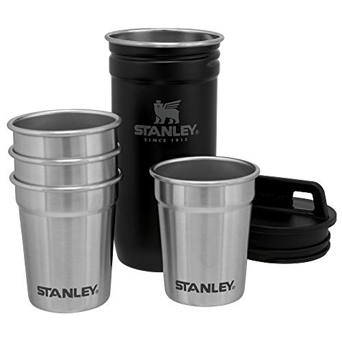 Stanley Stainless Steel Shot Glass and Flask Gift Set, Outdoor Adventure Pack with 4 Metal Shot Glasses, 8oz Whiskey Flask, and Travel Carry Case