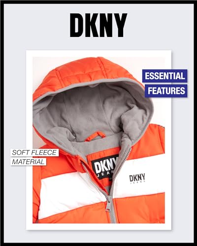 DKNY Baby Boys’ Snowsuit – Hooded Fleece Lined Warm Winter Jumpsuit – Zip Snow Pram for Newborns and Infants (0-24M), Size 24M, Orange