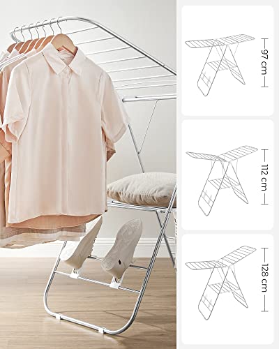 SONGMICS Clothes Airer, Foldable Clothes Drying Rack, Clothes Horse with Height-Adjustable Wings, Free-Standing Laundry Drying Rack, Indoor and Outdoor Use, Stainless Steel, White and Silver LLR502W01