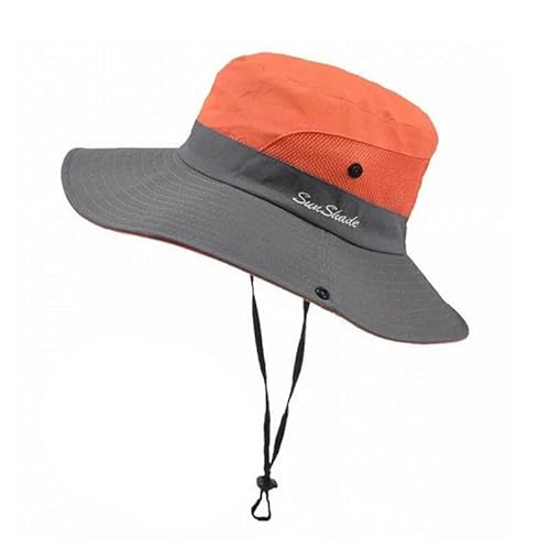 Women's Wide-Brim Ponytail Sun Hat – UV Protective Summer Beach Visor with Ventilated Mesh Design, Adjustable Anti-UV Floppy Cap Orange