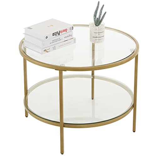 VINGLI Glass Coffee Table, 25.6" Round Champagne Gold Coffee Tables for Living Room, 2-Tier Glass Top Coffee Table with Storage Clear Coffee Table, Simple & Modern Center Table for Small Space