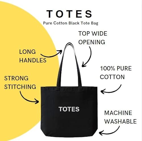 TOTES Pure Cotton Black Tote Bag| (50x43cm) Eco-Friendly Foldable Shoulder Shopping Bags | Washable Reusable Cloth & Unisex Grocery Bags With (50cm) Handles