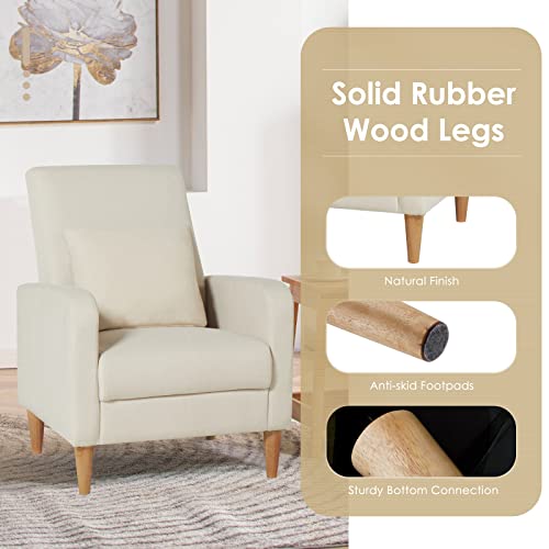 COLAMY Modern Upholstered Accent Chair Armchair with Pillow, Fabric Reading Living Room Side Chair,Single Sofa with Lounge Seat and Wood Legs,Beige