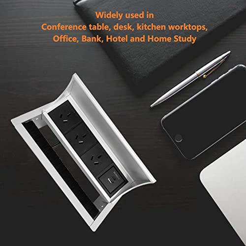 ZESHAN Pull up pop up Power Desk Power Board with Two Angle Opening,3 Power Plugs,1 USB C Charger Port,1.5M Power Extension Cord Silver for Home Office Conference Room