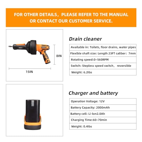 DOMINOX 12V Electric Drain Snake with 23FT Plumbing Snake, Drain Snake Clog Remover with 2.0Ah Battery and Charger, Drain Auger for Unclogging Toilet, Sewer, Bathroom, Sink Drain 3/4"-2" Pipes