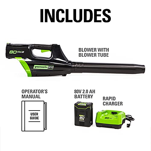 Greenworks 80V (125 MPH / 500 CFM / 75+ Compatible Tools) Cordless Axial Leaf Blower, 2.0Ah Battery and Charger Included