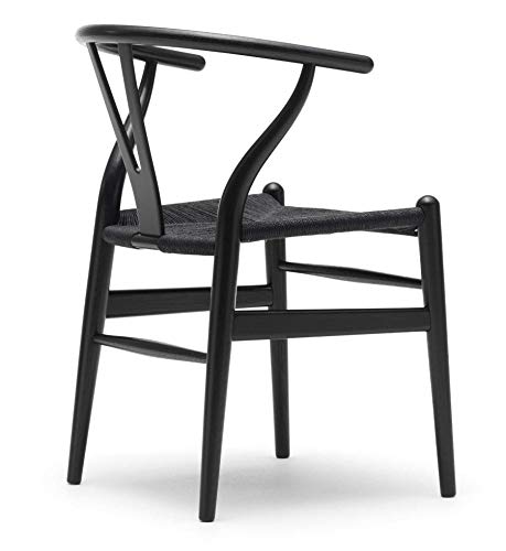 2xhome - Wishbone Solid Wood Armchair with Arms Open Y Back Farmhouse Dining Office Chair with Woven Black Seat (Black)