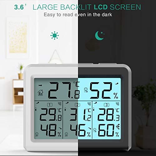 【Upgrade】ORIA Indoor Outdoor Thermometer with 3 Wireless Sensors, Digital Hygrometer Thermometer, Temperature Humidity Monitor with LCD Backlight, for Home, Office, Bedroom (White)