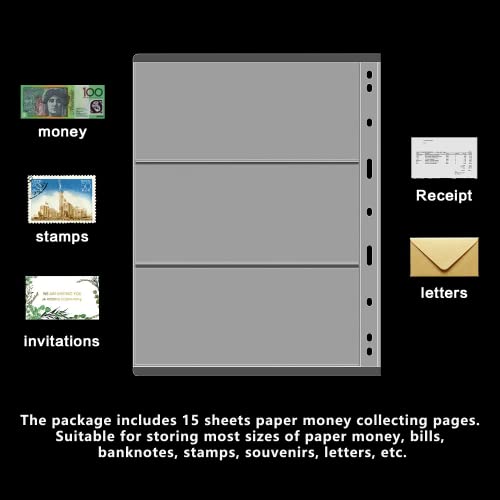 15 Sheets Paper Money Collection Supplies Pages, Currency Collecting Book Album Sleeves, 45 Pocket Money Stamp Page Holders for Standard 9-Hole Coin Collector Binder