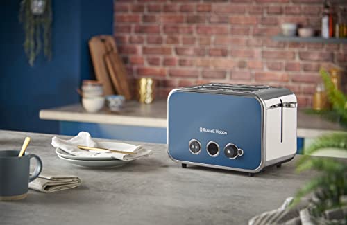 Russell Hobbs Distinctions 2 Slice Toaster, RHT262OCB, Polished Stainless Steel Design, Illuminated Countdown, Variable Browning Control, Longer Slots, Ocean Blue,Silver