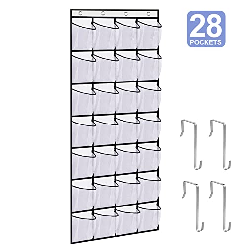 【28 Grid】Over The Door Shoe Organizer Large Mesh Pockets Hanging Shoe Organizer for Closet Hanging Shoe Rack Holder Hanger, White