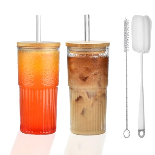 Drinking Glasses with Bamboo Lids and Glass Straw 2pcs Set - 22oz Transparent Striped Glass Cups, Beer Glasses, Iced Coffee Glasses, Cute Tumbler Cup, Ideal for Cocktail, Whiskey,