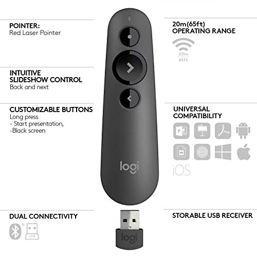 Logitech R500s Laser Class 1 Presenter Bluetooth and USB / Presentation Clicker - Universal Compatibility, 20m range, Customisable, Smart Battery 12 months usage