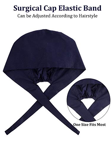 5 Pieces Working Cap with Buttons Unisex Sweatband Adjustable Tie Back Bouffant Hat (Navy Blue)