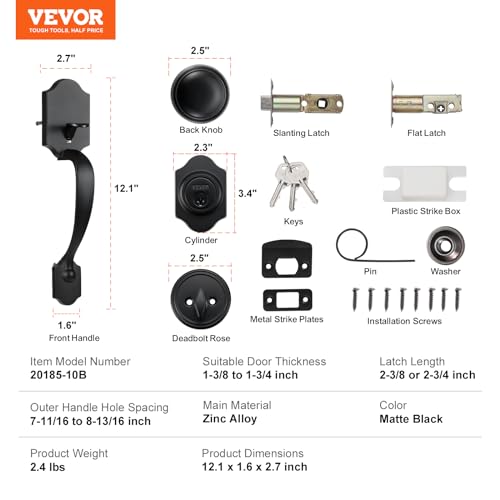 VEVOR Front Door Handle and Deadbolt Set, Matte Black Front Door Lock Set with Interior Knob, Single Cylinder Handleset Adjustable Hole Spacing, for Right and Left Handed Entrance and Front Door