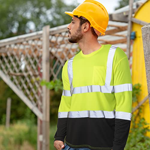 Zhanmai 6 Pack High Visibility Shirts Class 3 Reflective Safety Hi Vis Shirt Long Sleeve Wicking Safety Shirt with Pocket, Yellow, X-Large