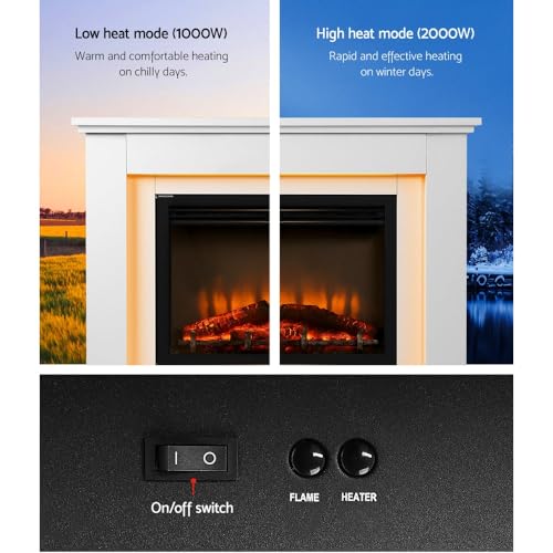 Devanti Electric Fireplace Heater, 2000W Portable Wall Mounted Heaters Home Decor Outdoor Indoor Room Bedroom Heating, Wood Fire 3D Log Flame Effect White