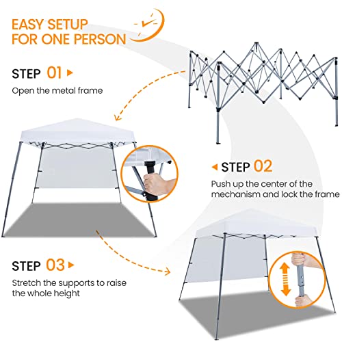 Yaheetech Pop Up Canopy Tent with Backpack, 10x10 Base Portable Easy One Person Setup Folding Shelter Compact Lightweight Slant Leg Canopy with 1 Sidewall, 8x8 Top, White