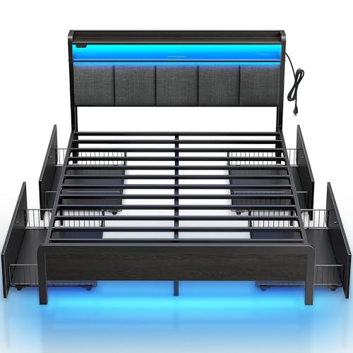 Rolanstar Bed Frame Queen Size with Charging Station and LED Lights, Upholstered Storage Headboard with Drawers, Heavy Duty Metal Slats, No Box Spring Needed, Noise Free, Easy Assembly, Dark Grey