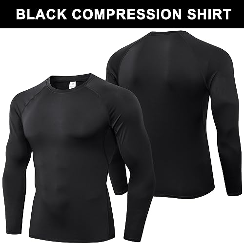 Men's Compression Shirts Longs Sleeve Workout Gym T-Shirt Running Tops Cool Dry Sports Base Layer Athletic Undershirts, Black+white+f Grey, X-Large