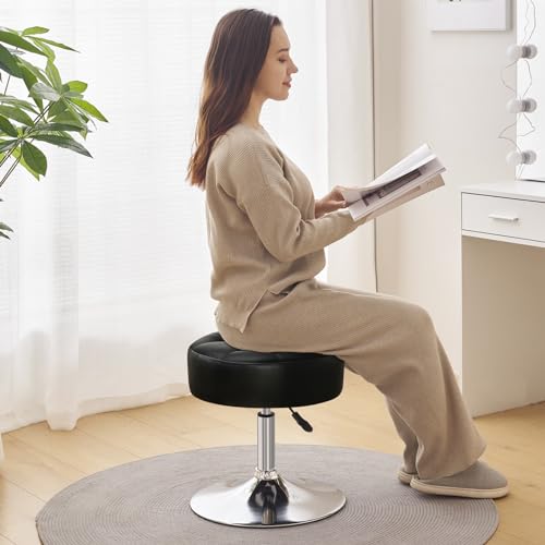 Furniliving PU Leather Swivel Makeup Chair, Adjustable Height Vanity Stool for Living Room, Bedroom, Modern Round Ottoman, Black