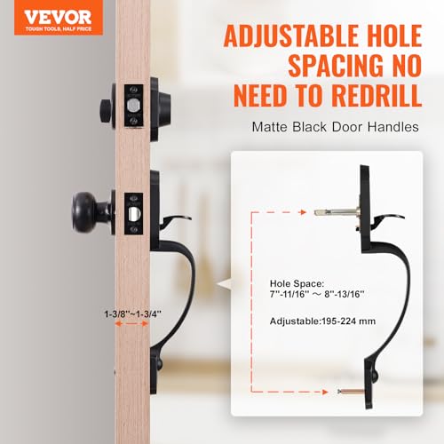 VEVOR Front Door Handle and Deadbolt Set, Matte Black Front Door Lock Set with Interior Knob, Single Cylinder Handleset Adjustable Hole Spacing, for Right and Left Handed Entrance and Front Door