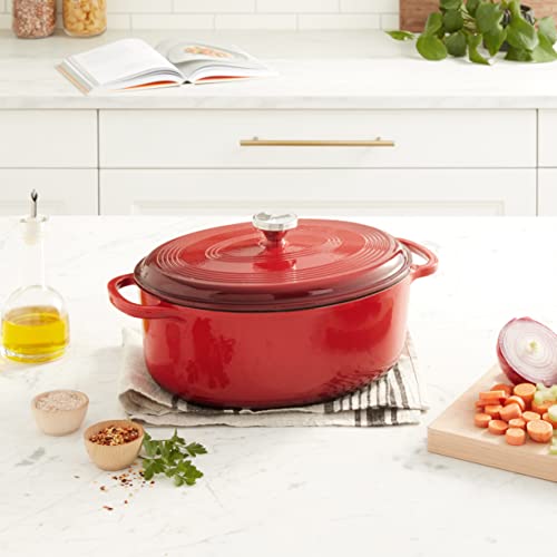 Lodge 7 Quart Enameled Cast Iron Dutch Oven with Lid – Dual Handles – Oven Safe up to 500° F or on Stovetop - Use to Marinate, Cook, Bake, Refrigerate and Serve – Red
