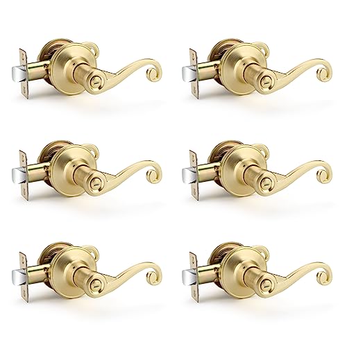 Bonpoly 6 Pack Gold Door Handles, Wave Style Door Lever Privacy Door Handle, Keyless Interior Lever for Bedroom Bathroom, Satin Brass Finish