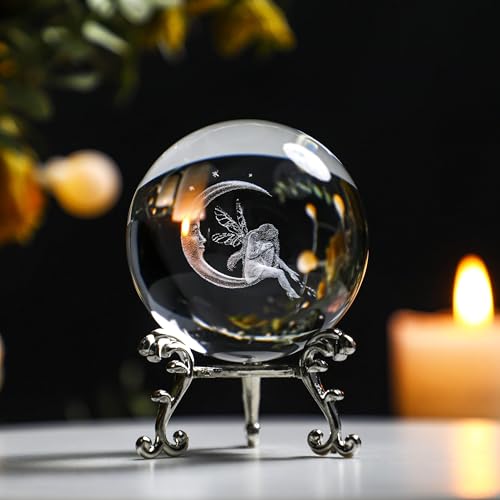 ZEERSHEE 60mm 3D Laser Engraved Crystal Fairy & Moon Ball Figurine 3D Crystal Ball Sphere with Stand Glass Paperweights Table Decor for Girls Daughters