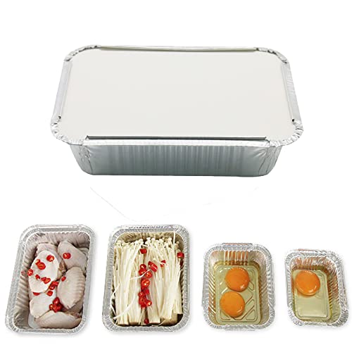 50pcs Foil Trays with Lid, 20.5x11x5.5cm Aluminium Foil Pan Disposable Food Containers Takeaway Box BBQ Oven Baking for Cooking, Heating, Storing(with Lid, 205 * 110 * 55mm /670ml)