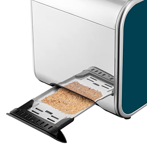 Russell Hobbs Distinctions 2 Slice Toaster, RHT262OCB, Polished Stainless Steel Design, Illuminated Countdown, Variable Browning Control, Longer Slots, Ocean Blue,Silver