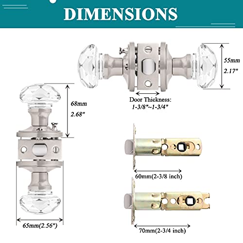 Orger Crystal Door Knobs 10 Pack, Interior Privacy Door Handles for Bedroom and Bathroom, Round Diamond Shape Clear Glass with Satin Nickel Finish Rosette