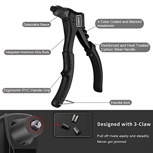 Anesty Rivet Gun Pop Riveter Set, Heavy Duty Hand Riveter Rivet Gun Kit with 200 Aluminum Blind Pop Rivets 2.4mm 3.2mm 4mm 4.8mm, Riveting Gun Tool with 4 HSS Drill Bits and Replaceable Nozzles