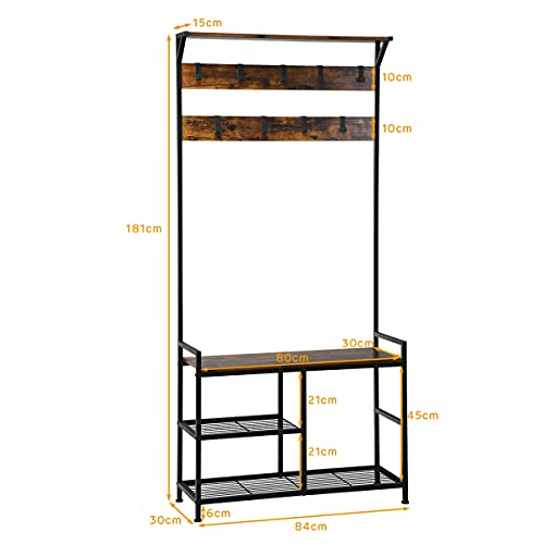 Giantex Coat Rack Stand, 3-In-1 Hall Tree Coat Rack w/Storage Shelf & 9 Hanging Hooks, 3-Tier Industrial Entryway Bench w/Metal Frame, Perfect for Entryway, Dorm Room, Apartment, Hall (Brown)