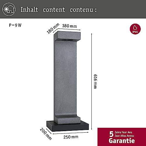 Paulmann Concrea 94502 LED Outdoor Bollard Light IP44 Including 1 x 6.8 Watt Bollard Light Made of Black Sandstone Garden Lighting Concrea 3000 K