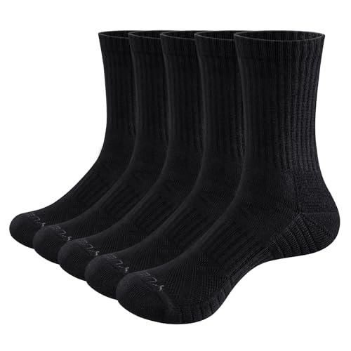 YUEDGE Men's Black Crew Socks Performance Cushioned Training Athletic Socks Moisture Wicking Mens Socks Comfort Work Socks For Men Size 10-13, 5 Pairs/Pack