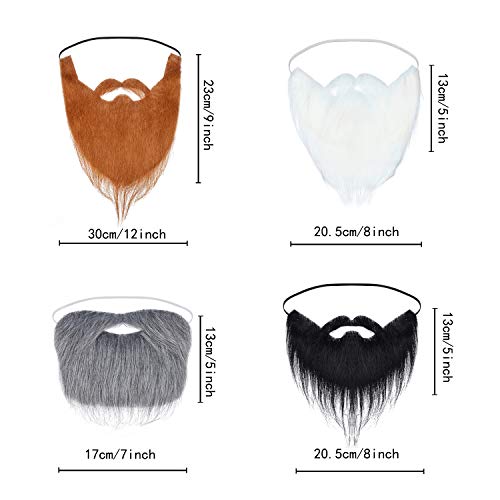 4 Pieces Fake Beards False Beards Funny Fake Mustache Fake Whisker for Costume Halloween Party Supplies (Black, White, Brown, Grey)