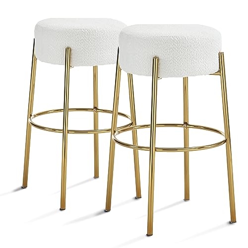 Dolonm 30 Inch Round Bar Stools Set of 2, Teddy Fabric Upholstered, Bouclé and Sherpa Chairs, Backless Kitchen Island Stools, Metal Frame Bar Chairs, Beige with Gold Legs (Set of 2)