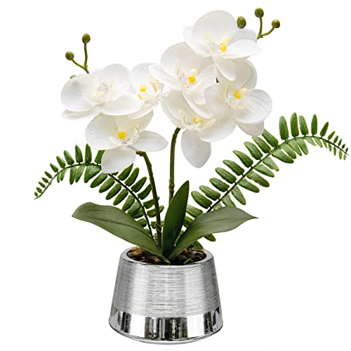 White Orchids Artificial Flowers in Silver Pot Faux Phaleanopsis Orchid Bonsia Fake Orchid Centerpiece for Dining Room Table